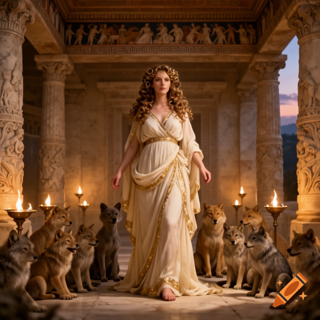 A woman in a white and gold classical gown stands barefoot among several wolves in an ancient temple with warm lighting.