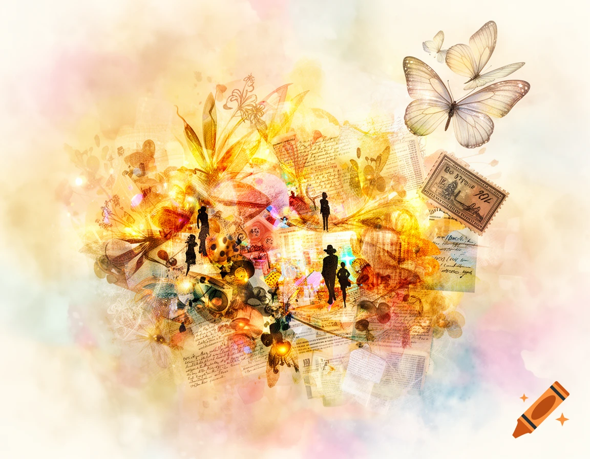 A vibrant abstract collage featuring butterflies, human silhouettes, and vintage paper textures, set against a warm, painterly background.