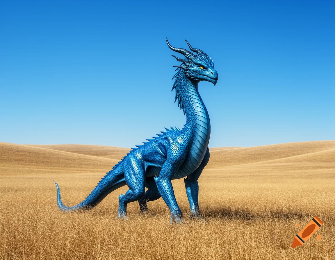 A majestic blue dragon stands in a vast, dry, golden grassy field under a clear blue sky.