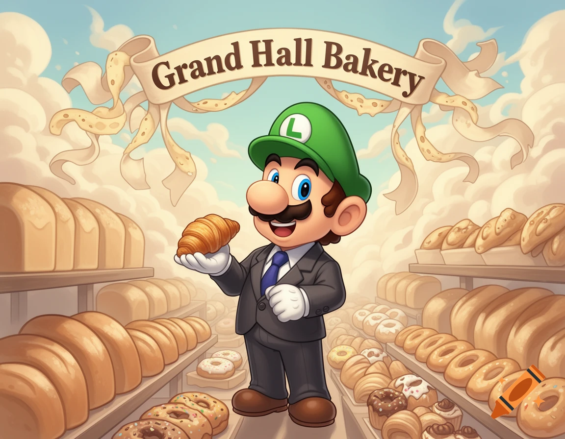Cartoon Luigi in a suit holding a croissant, standing in a bakery with shelves of bread and donuts under a banner reading 'Grand Hall Bakery'.