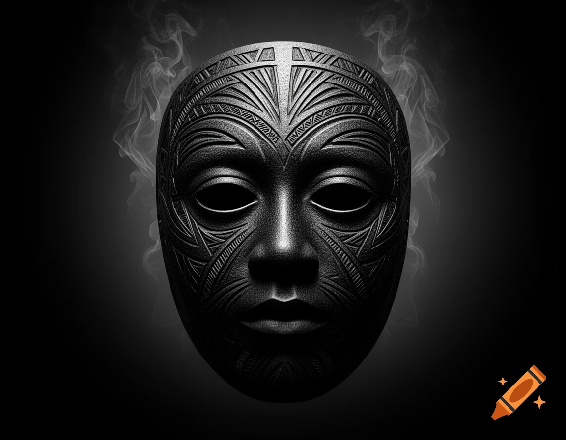 Black and white illustration of a dark, patterned mask with empty eye sockets, surrounded by smoke.