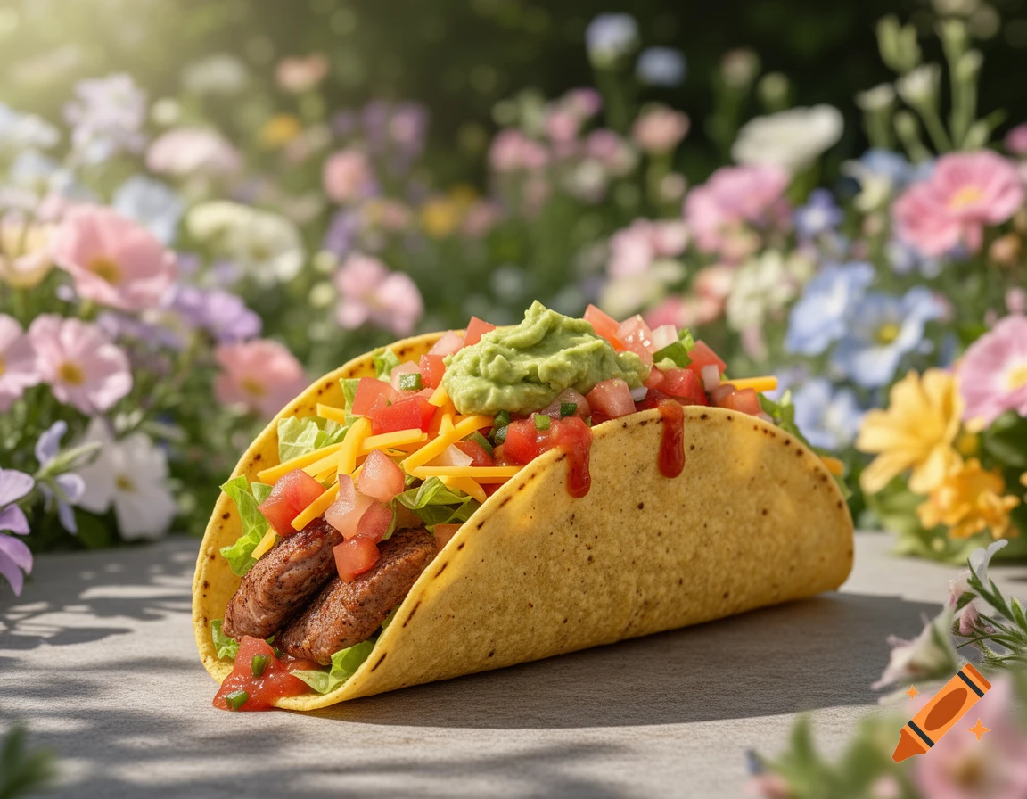 Photorealistic image of a delicious taco filled with meat, cheese, lettuce, tomatoes, guacamole, and salsa, against a blurry floral background.