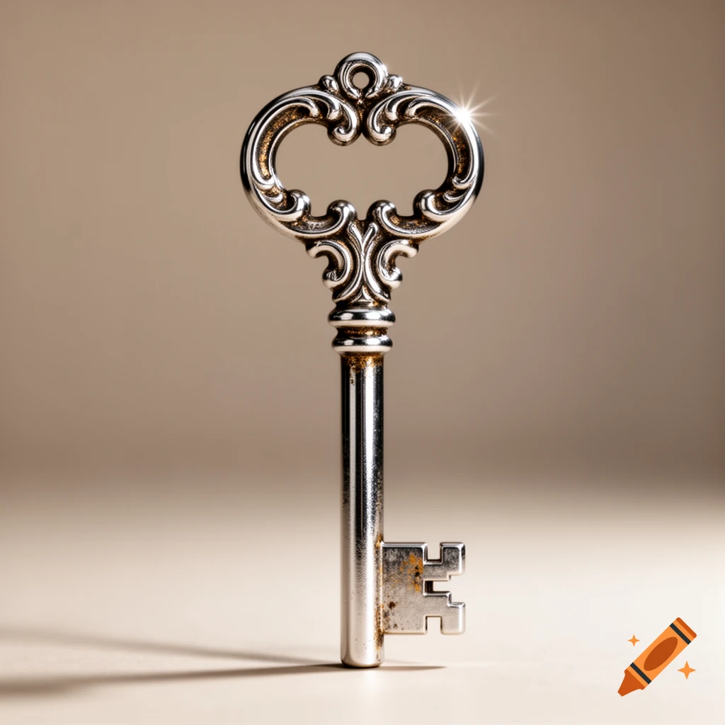 A close-up, front view of a shiny, ornate silver antique key with some tarnishing, standing upright on a beige surface.