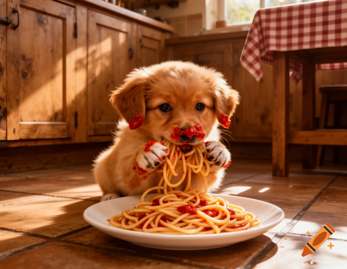 A cute golden puppy covered in red sauce from eating a plate of spaghetti on a kitchen floor.