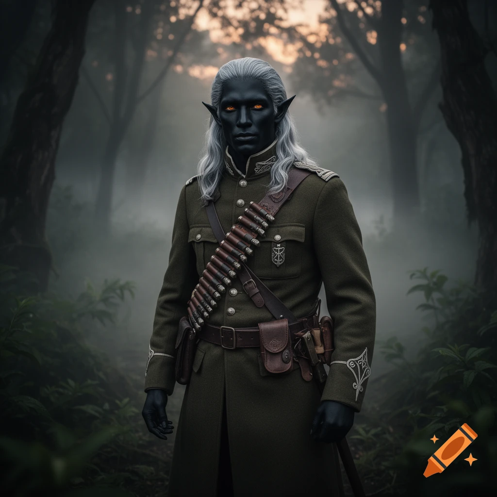 A photorealistic dark elf with black skin, white hair, and glowing orange eyes stands in a misty forest, wearing a green 19th-century military uniform and a bandolier.