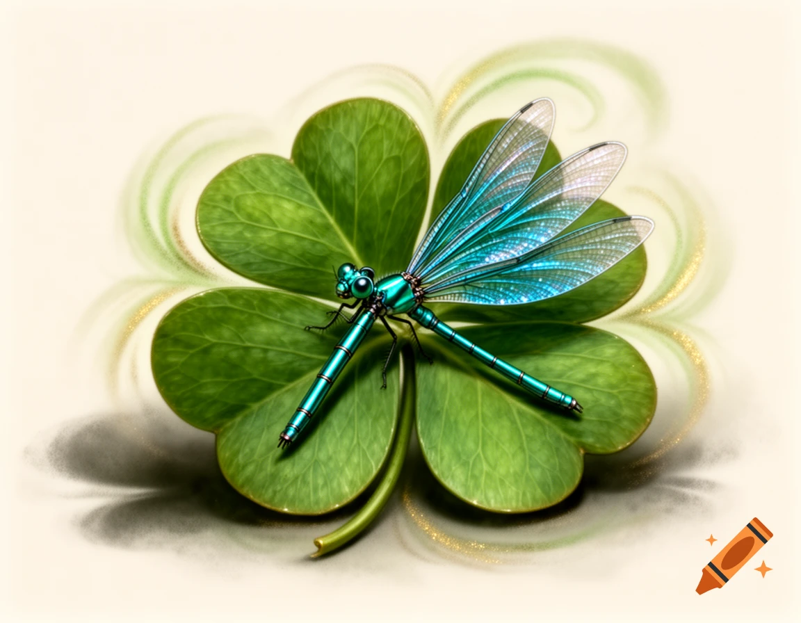 A shimmering teal dragonfly rests on a green four-leaf clover, with delicate, translucent wings and glowing background swirls.