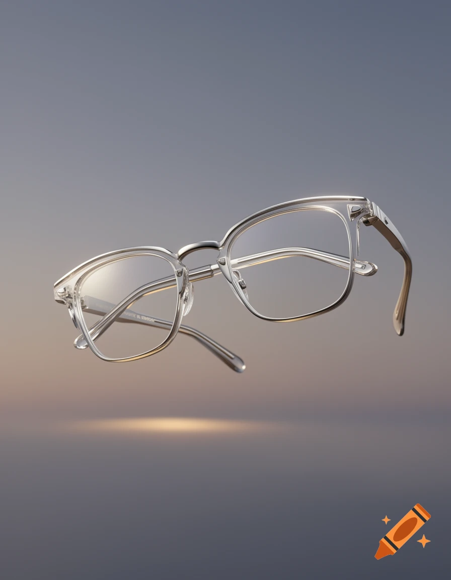 Clear plastic-framed glasses float against a soft gray and orange gradient background, with light reflecting off the lenses.