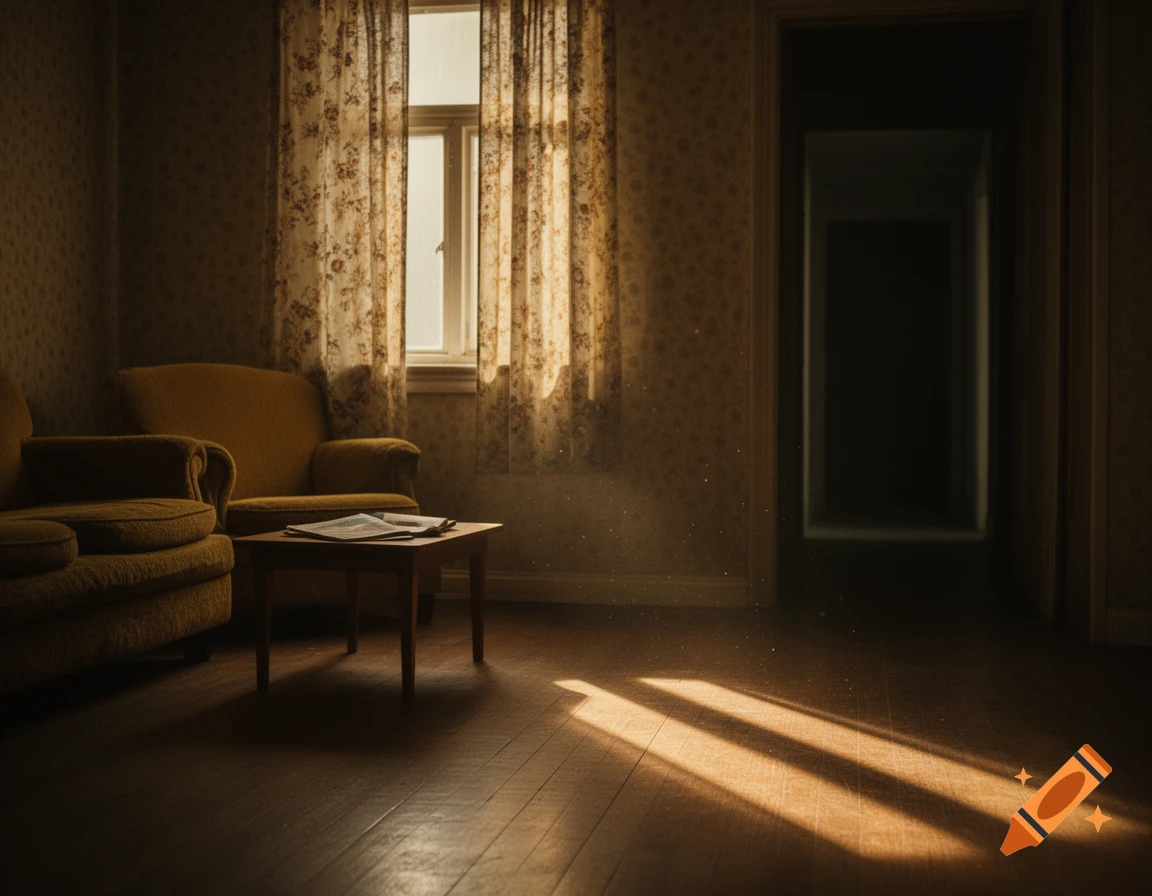 Sunlit 1970s living room with dust motes, yellow armchairs, floral curtains, and a dark, ominous hallway.
