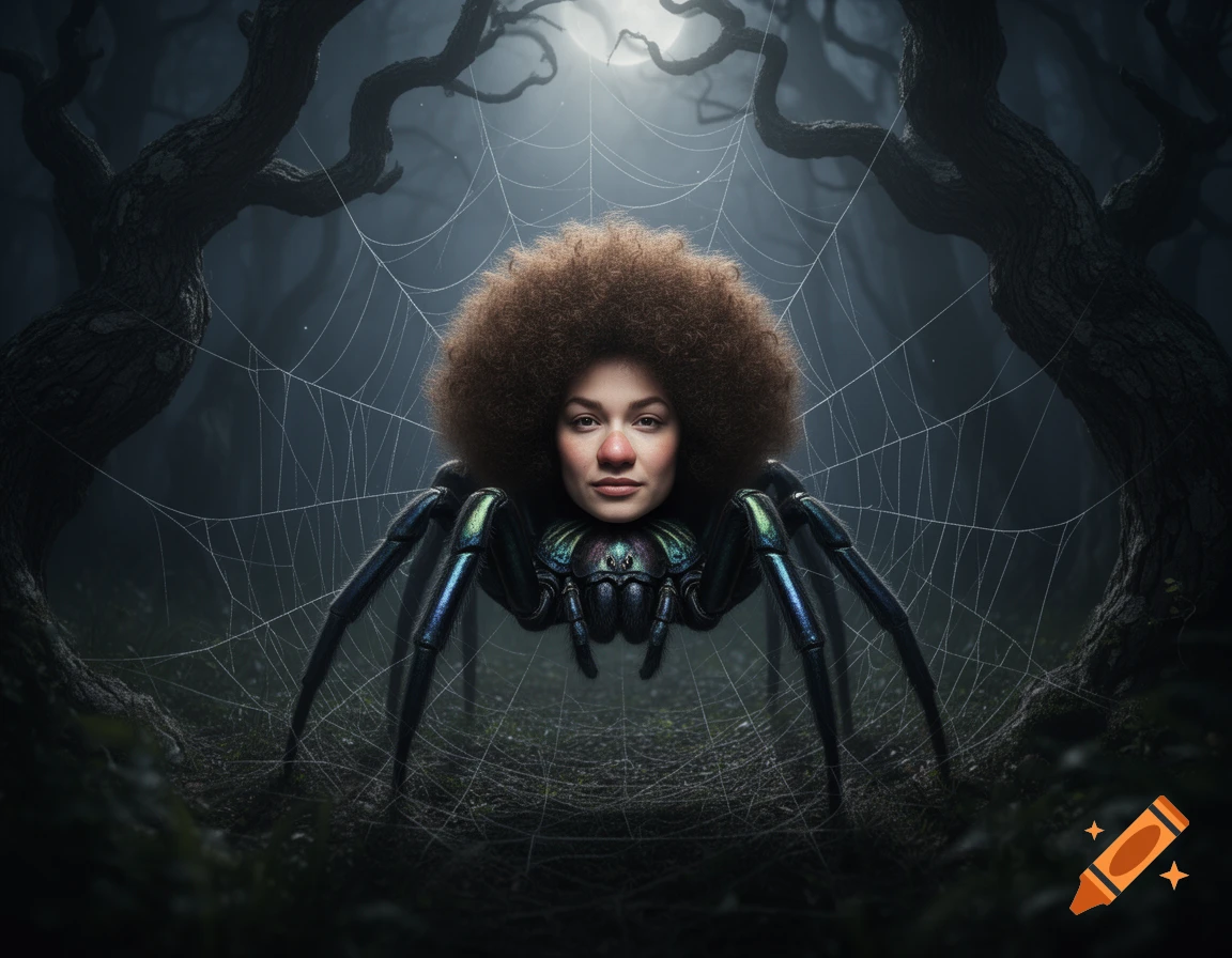 A surreal image of a giant spider with a woman's head, a brown afro, and a red nose, suspended in a web in a dark forest.