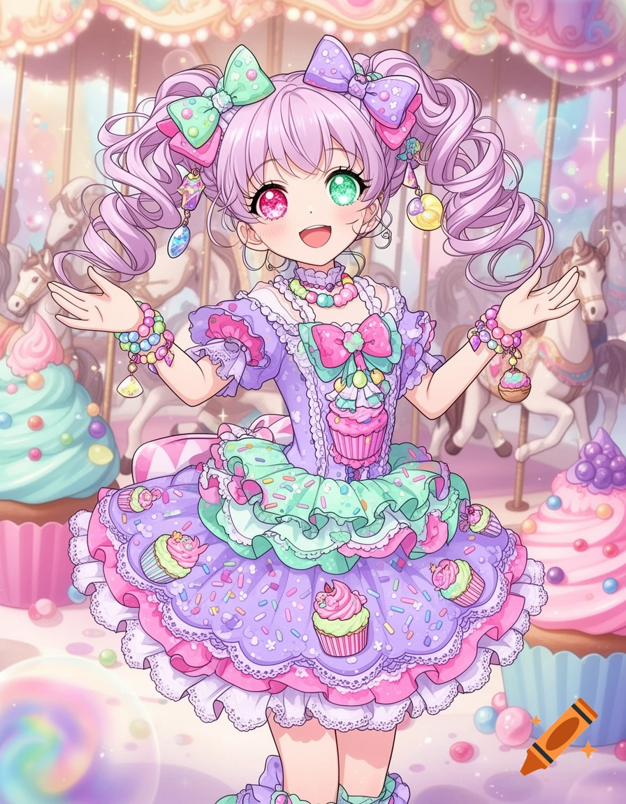 An anime girl with lavender pigtails, heterochromia, and a cupcake-themed decora dress in a pastel candy land scene.
