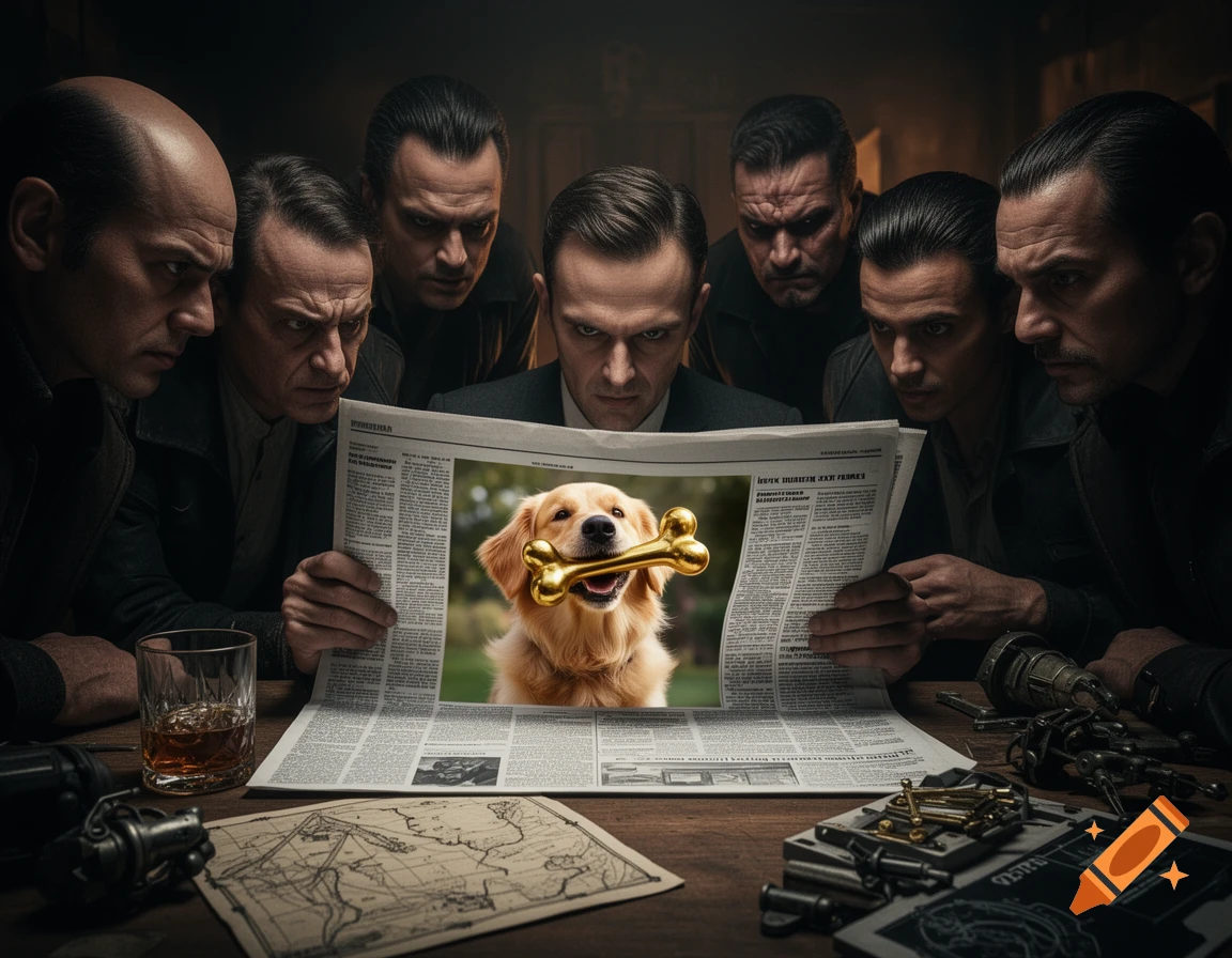 Seven serious-looking men in dark clothing intensely examine a newspaper featuring a golden retriever holding a golden bone. A gun, whiskey, and maps are on the table.
