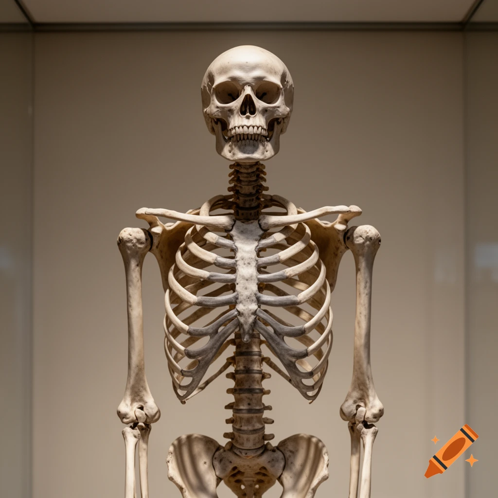 A detailed, photorealistic image of a human skeleton from the skull to the pelvis, against a plain background.