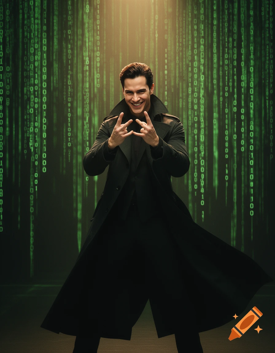 A smiling man in a black trench coat makes a rock-on gesture against a green binary Matrix code background.
