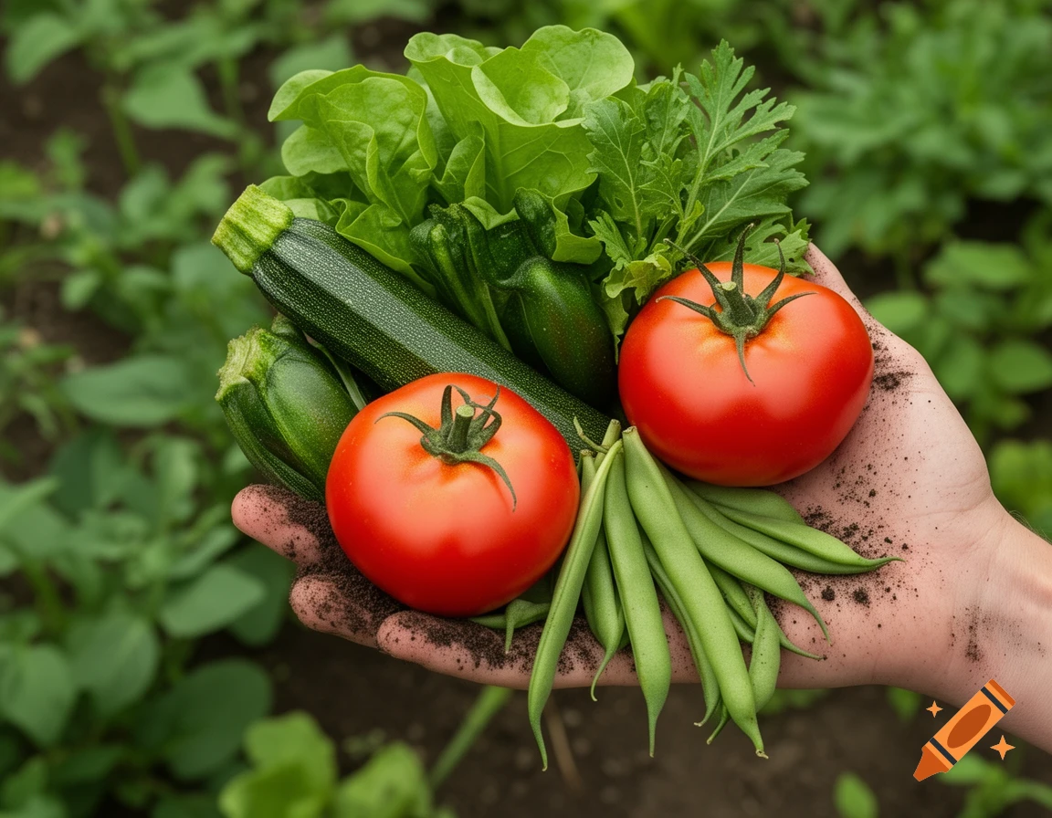 Close-up of a hand holding freshly harvested tomatoes, zucchini, green beans, and leafy greens in a garden.