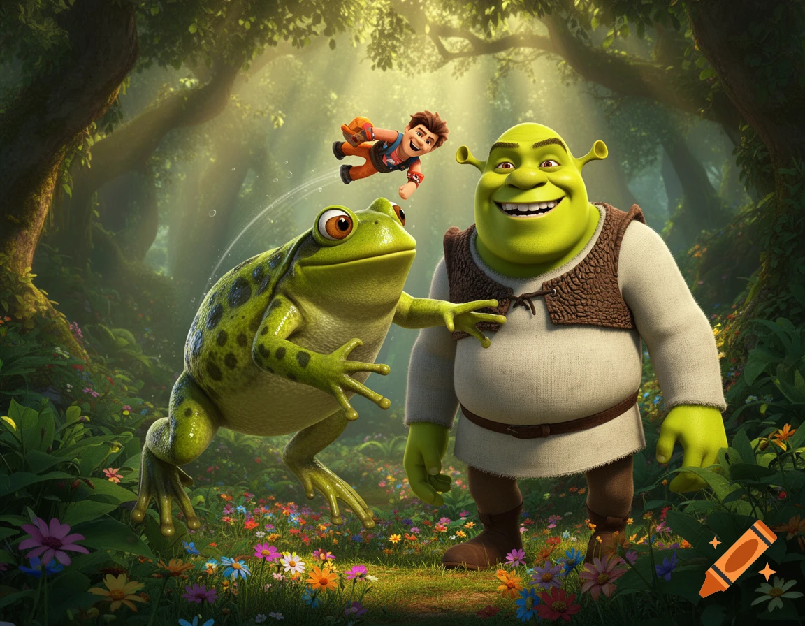 Shrek smiles in a vibrant forest as a large frog and Wreck-It Ralph float nearby.