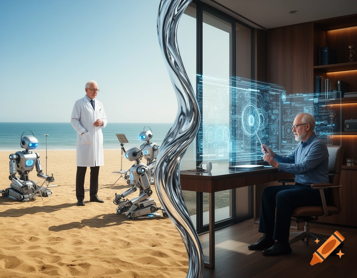 Photorealistic split image: a scientist and robots on a beach, and a physicist using a holographic AI display in an office.