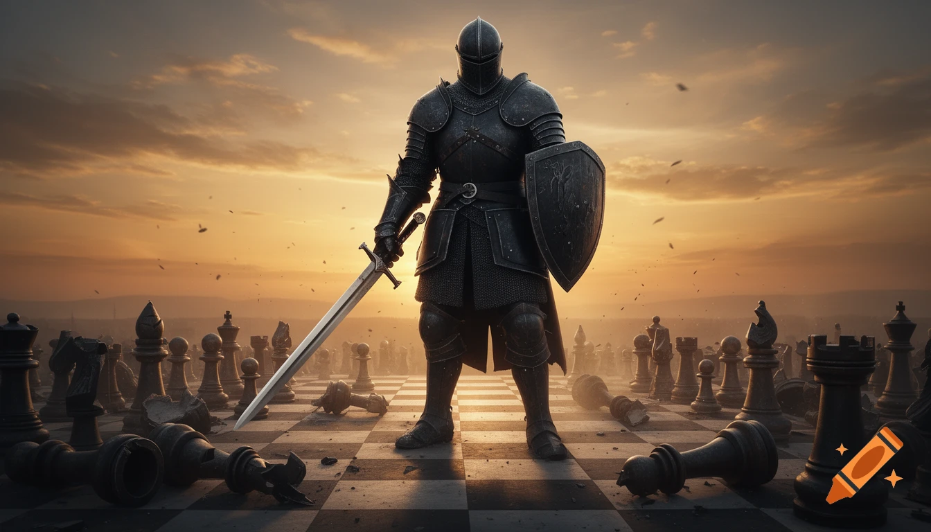 A towering knight in black plate armor stands on a gigantic chessboard littered with destroyed pieces under a dramatic golden sunrise.