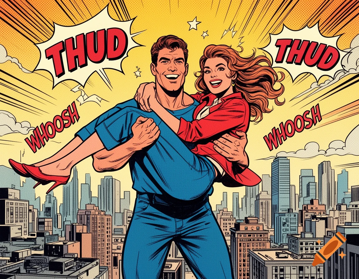 A man carries a woman superhero-style over a city skyline in a vibrant pop art comic book illustration with sound effects.