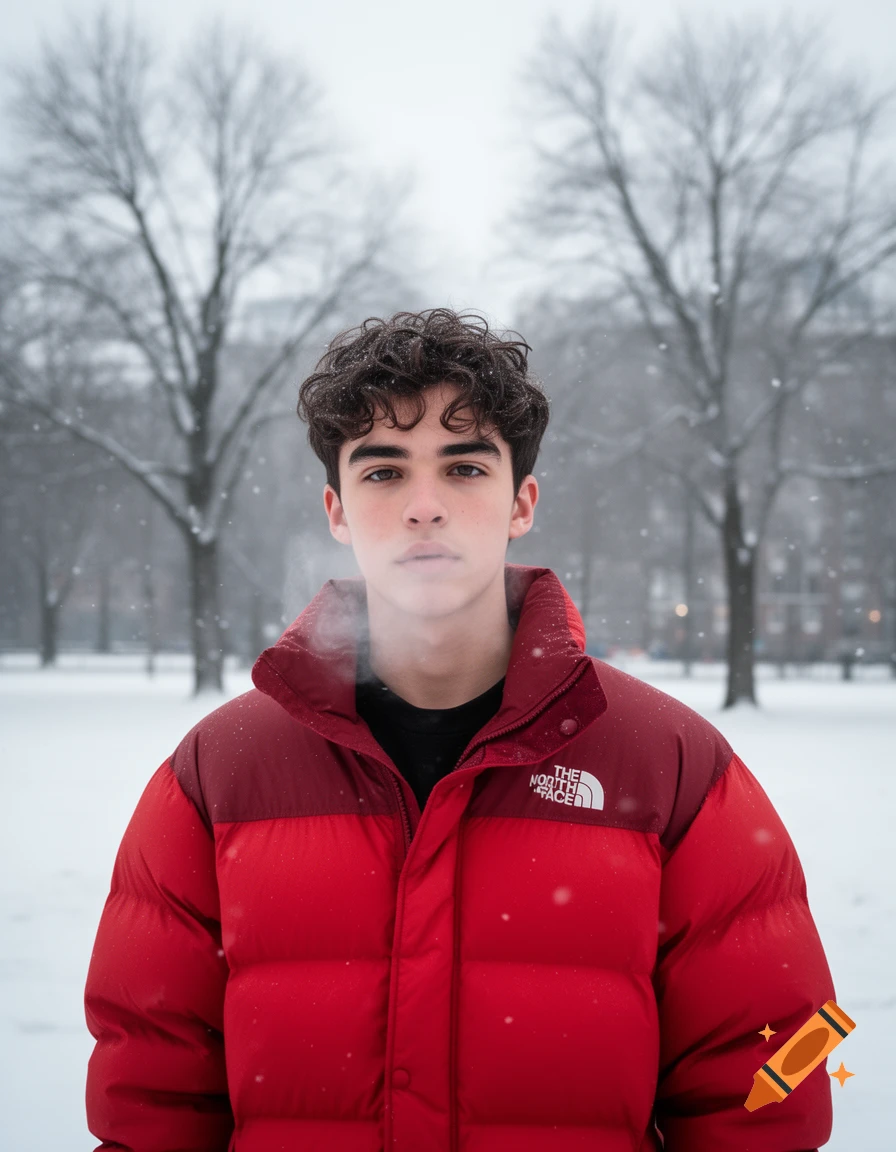 A young man with curly hair in a red puffer jacket exhales steam into the snowy air of a park, looking directly forward. Photorealistic.