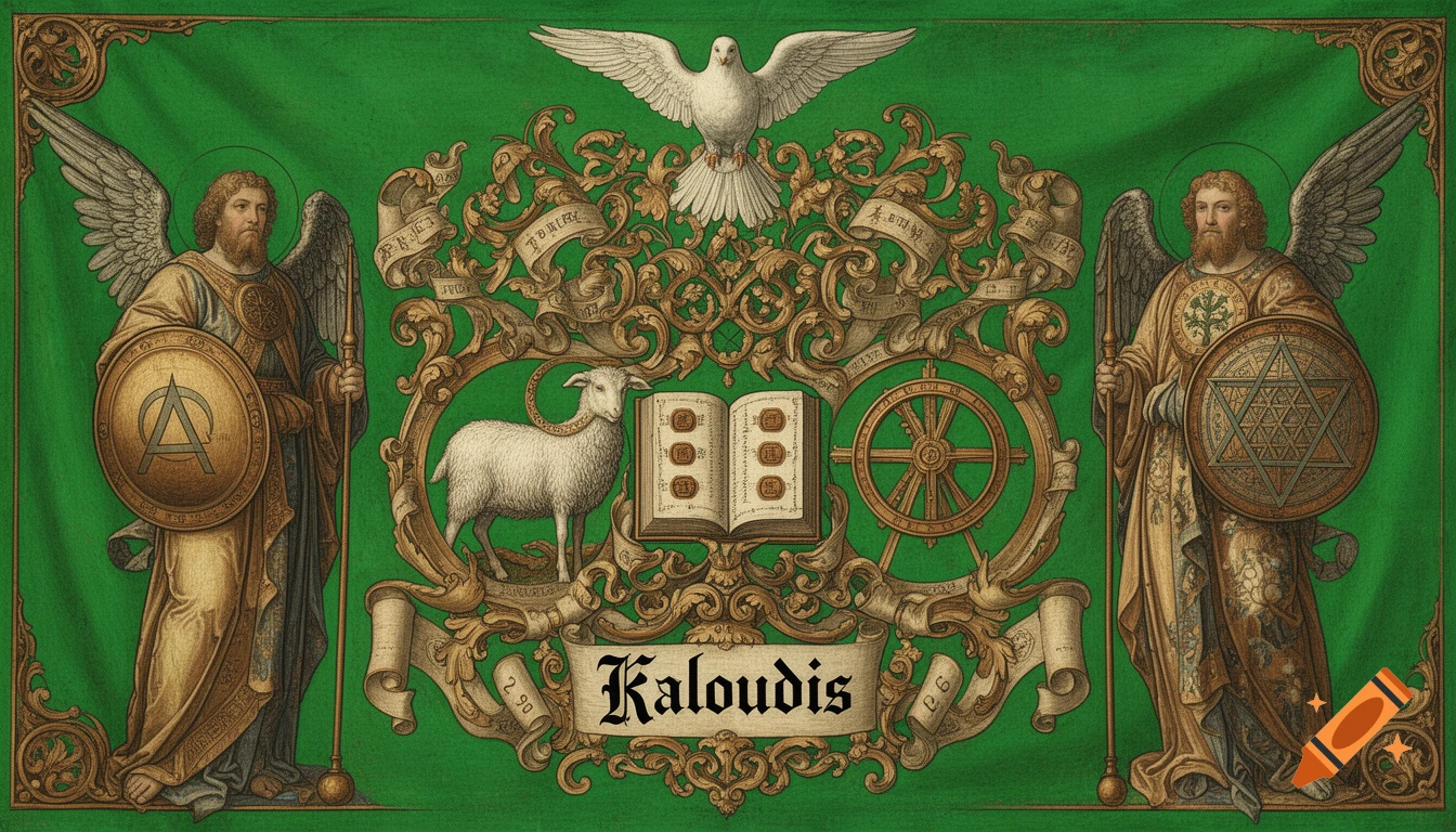 A green flag-like banner with a central ornate golden frame. Inside are a white lamb, an open book with symbols, a wooden wheel, and a white dove. Below the frame is a banner with "Kaloudis" in Gothic script. Flanking the frame are two winged angels holding shields, one with a circular symbol and the other with a complex geometric star.