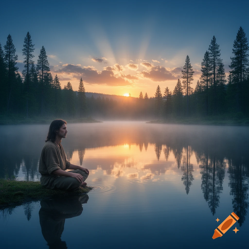 A person meditates by a misty lake reflecting a golden sunrise amidst a pine forest.