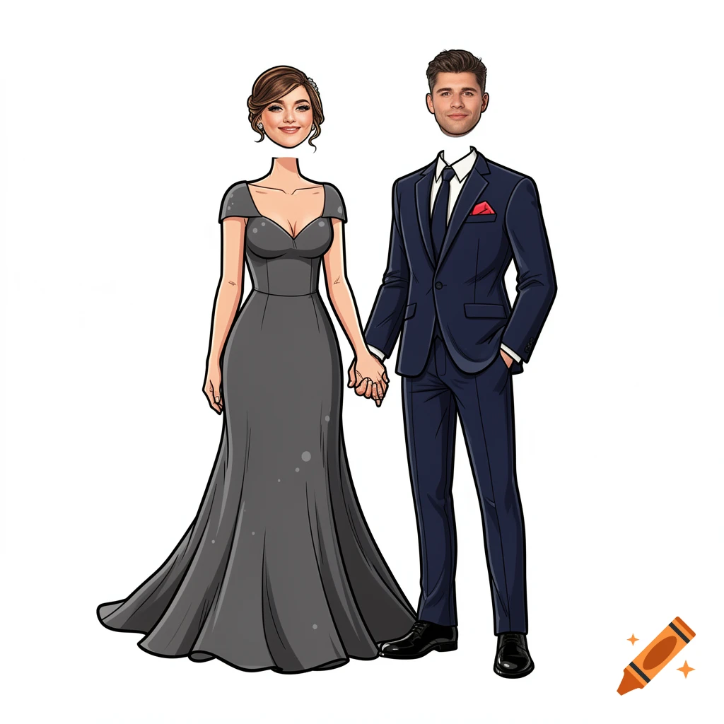 Cartoon wedding couple holding hands, headless with space for faces, woman in a grey dress, man in a blue suit, white background.