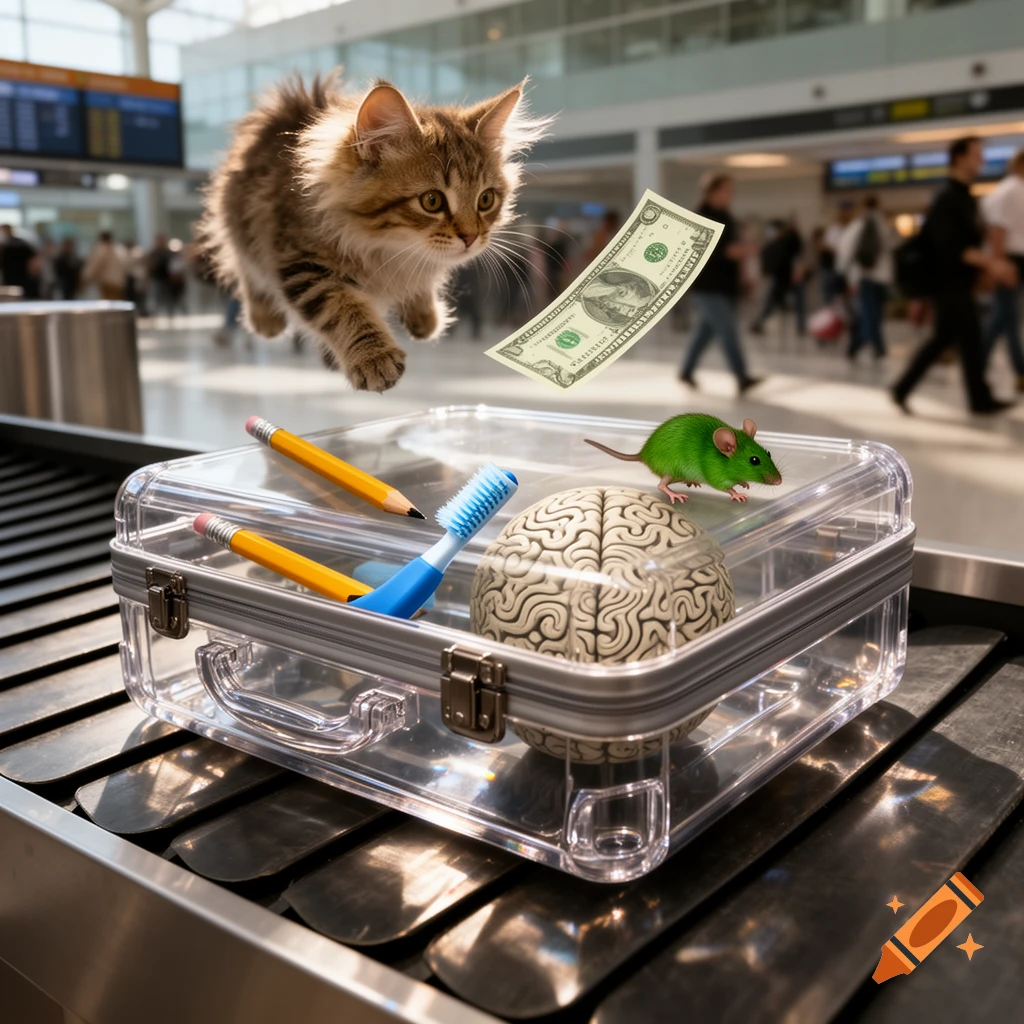 A fluffy kitten, dollar bill, and green mouse float above a clear suitcase containing a brain, pencils, and toothbrush, on an airport baggage claim.