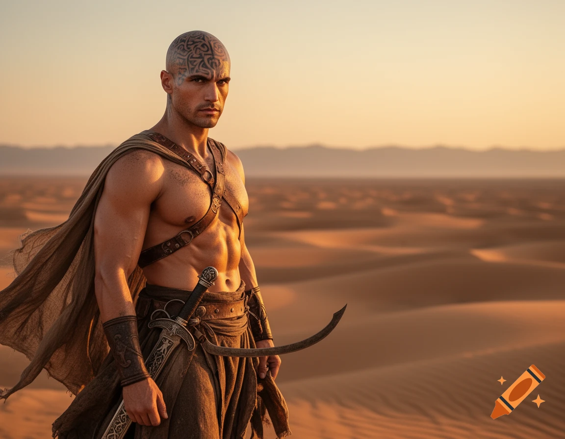 A muscular, bald warrior with head tattoos, wearing a cape and leather straps, stands in a vast photorealistic desert holding a sword.