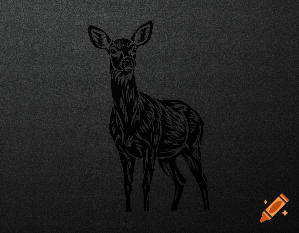 A black stylized stencil illustration of a deer (doe) standing on a dark textured background, looking towards the center.