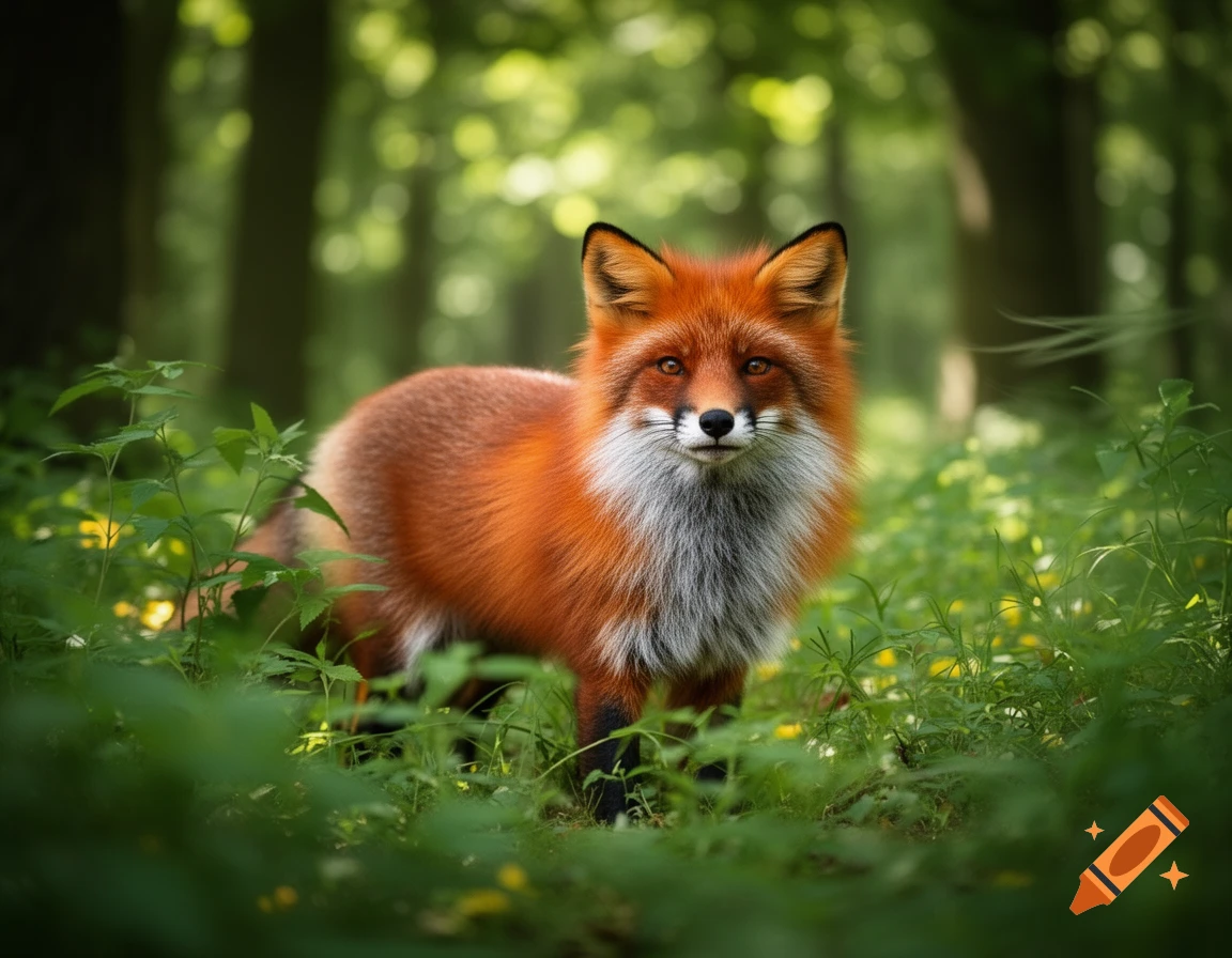 A red fox with a white chest and black paws stands amidst green foliage in a lush forest, looking directly forward.