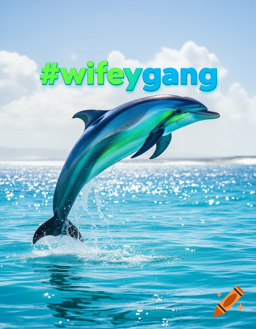 A vibrant blue and green dolphin leaps from bright blue ocean water under a sunny sky, with '#wifeygang' above it.