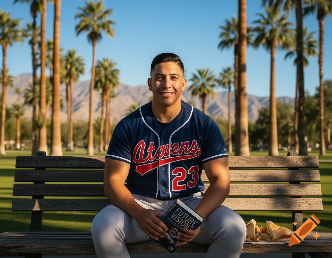 A smiling man in a blue baseball jersey sits on a park bench, holding a book next to a sandwich, with palm trees and mountains in the background.