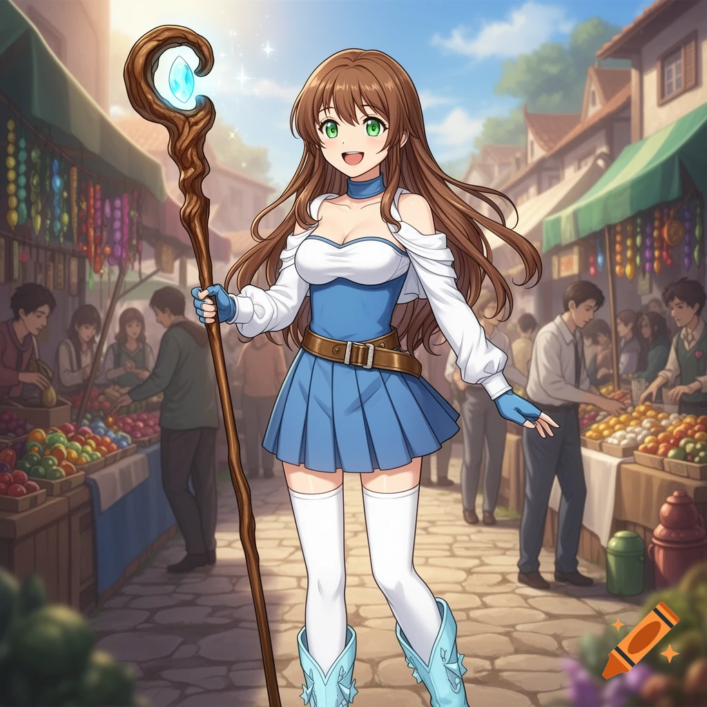 Anime-style young woman with brown hair, green eyes, in a blue and white outfit, holding a glowing staff in a fantasy marketplace.