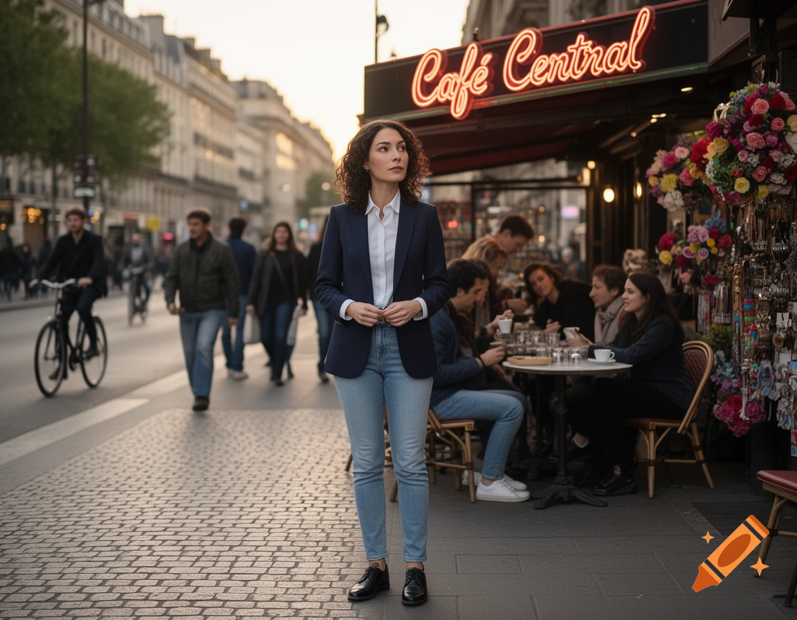 A woman in a navy blazer and jeans stands on a European cobblestone street in front of a cafe with a neon sign 'Cafe Central'.