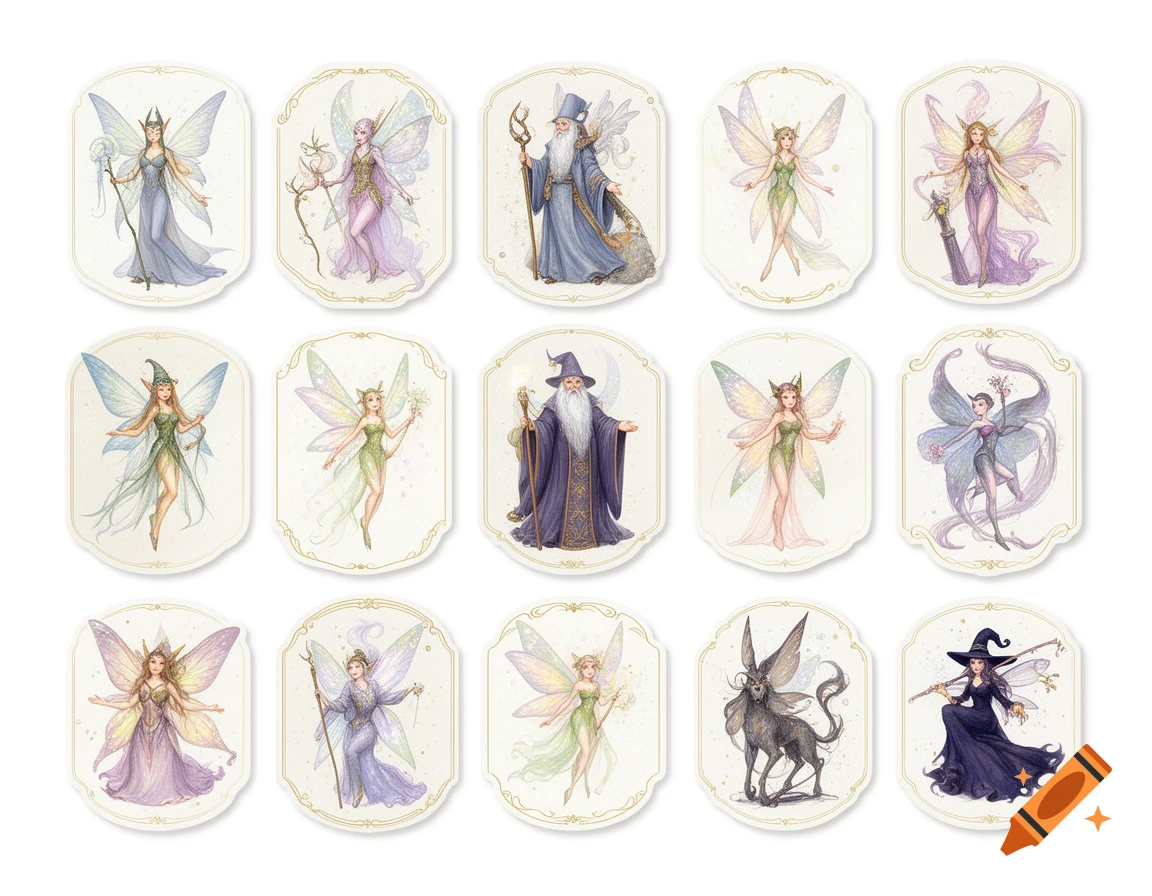 A grid of 15 fantasy illustrations, featuring fairies, wizards, witches, and a mythical beast, in a delicate watercolor style.