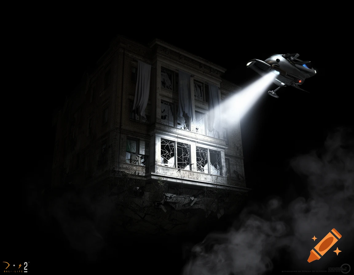 A futuristic vehicle shines a bright spotlight on a dilapidated building floating in a dark void, in the style of Half-Life 2 concept art.