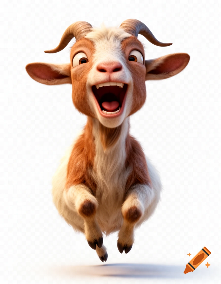 A joyful brown and white cartoon goat with a wide open mouth, jumping against a transparent background.