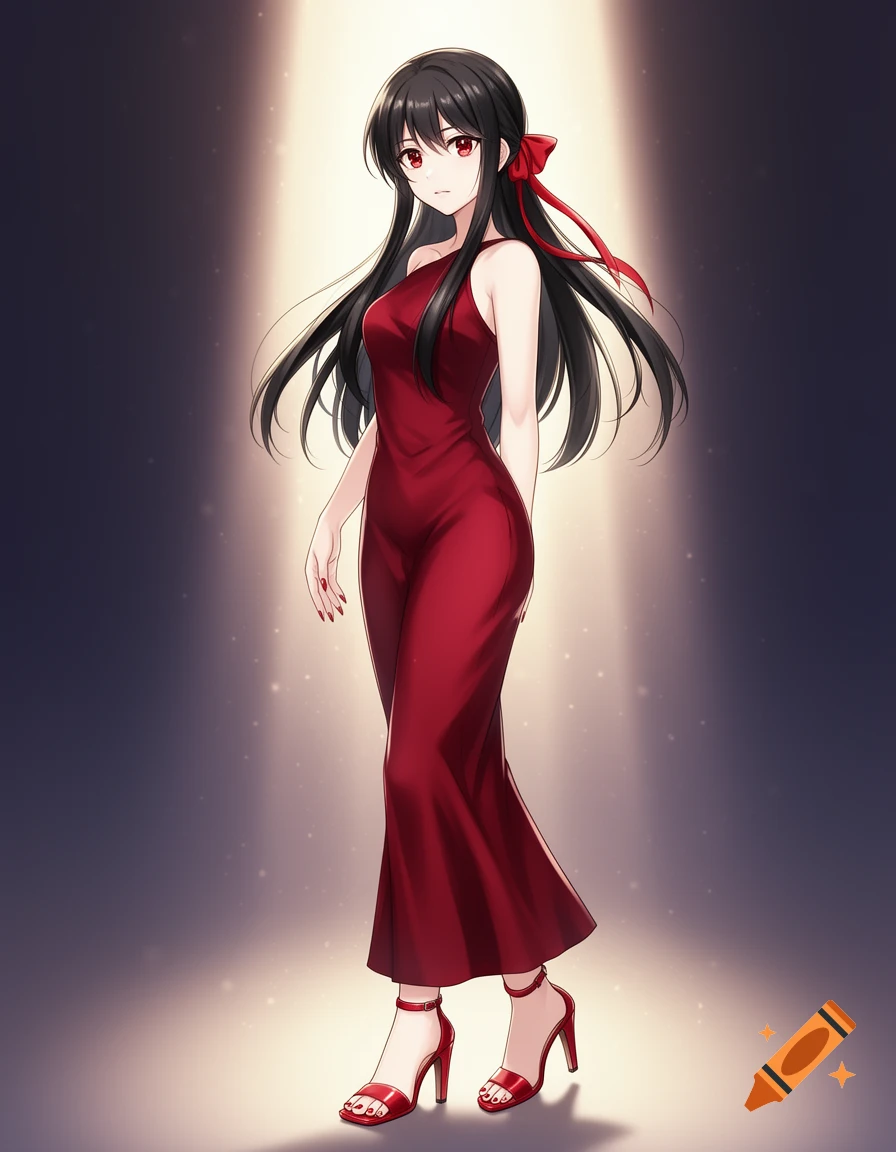An anime girl with long black hair and red eyes in a red sheath dress ...