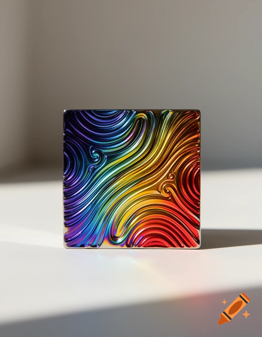 A metallic cube features swirling rainbow colors, casting shadows on a white surface with a gray background.