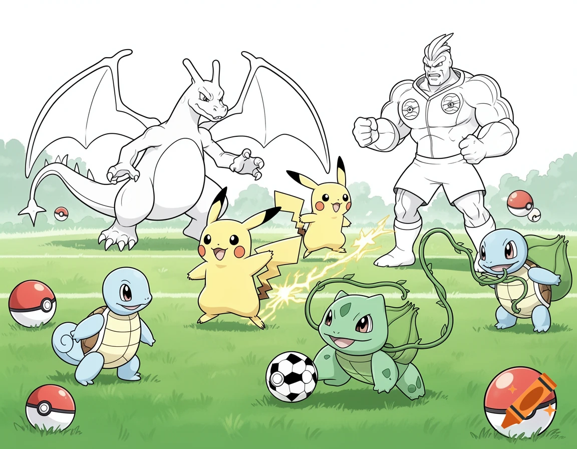 A coloring page featuring Charizard, two Pikachus, a muscular trainer, two Squirtles, and Bulbasaur on a soccer field with Pokeballs.