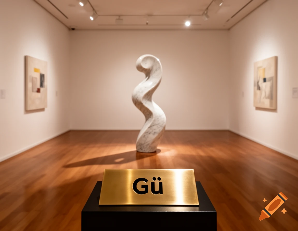 A wavy white marble sculpture stands in a modern art gallery with white walls, a wooden floor, and a golden plaque reading 'Gü' in the foreground.