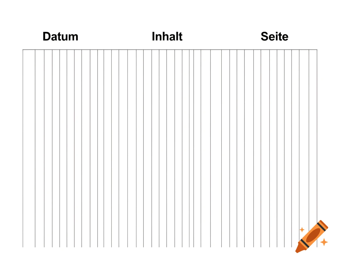 Black and white table of contents template with 'Datum', 'Inhalt', 'Seite' headings and 35 vertical columns.