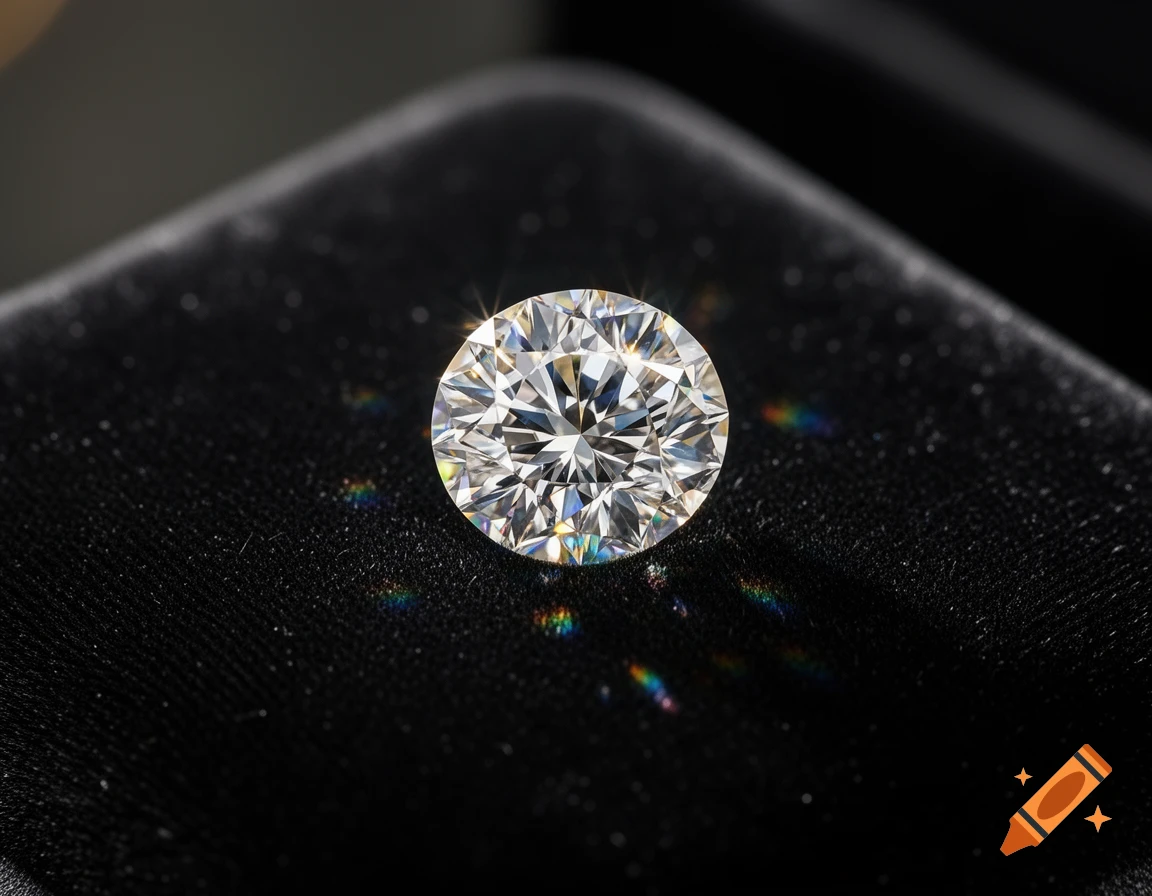 A close-up of a brilliant-cut diamond sparkling on a black velvet surface, with colorful refractions.