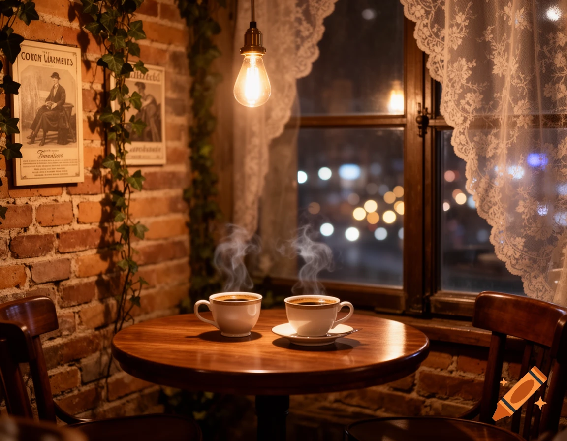 Two steaming coffee cups on a round wooden table in a cozy, dimly lit coffee shop with brick walls and lace curtains at night.