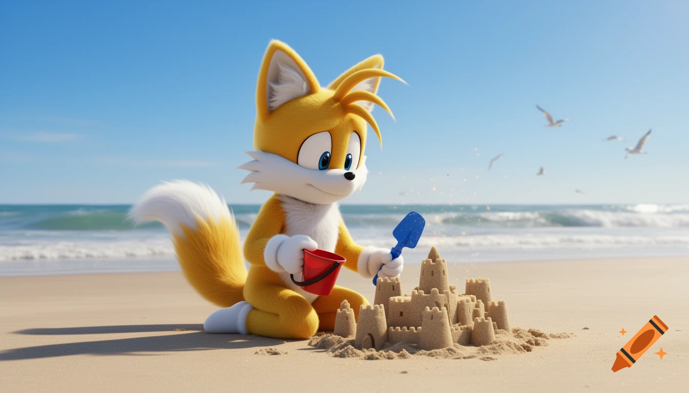 3D render of Tails the Fox kneeling on a sunny beach, making a sandcastle with a red bucket and blue spade.