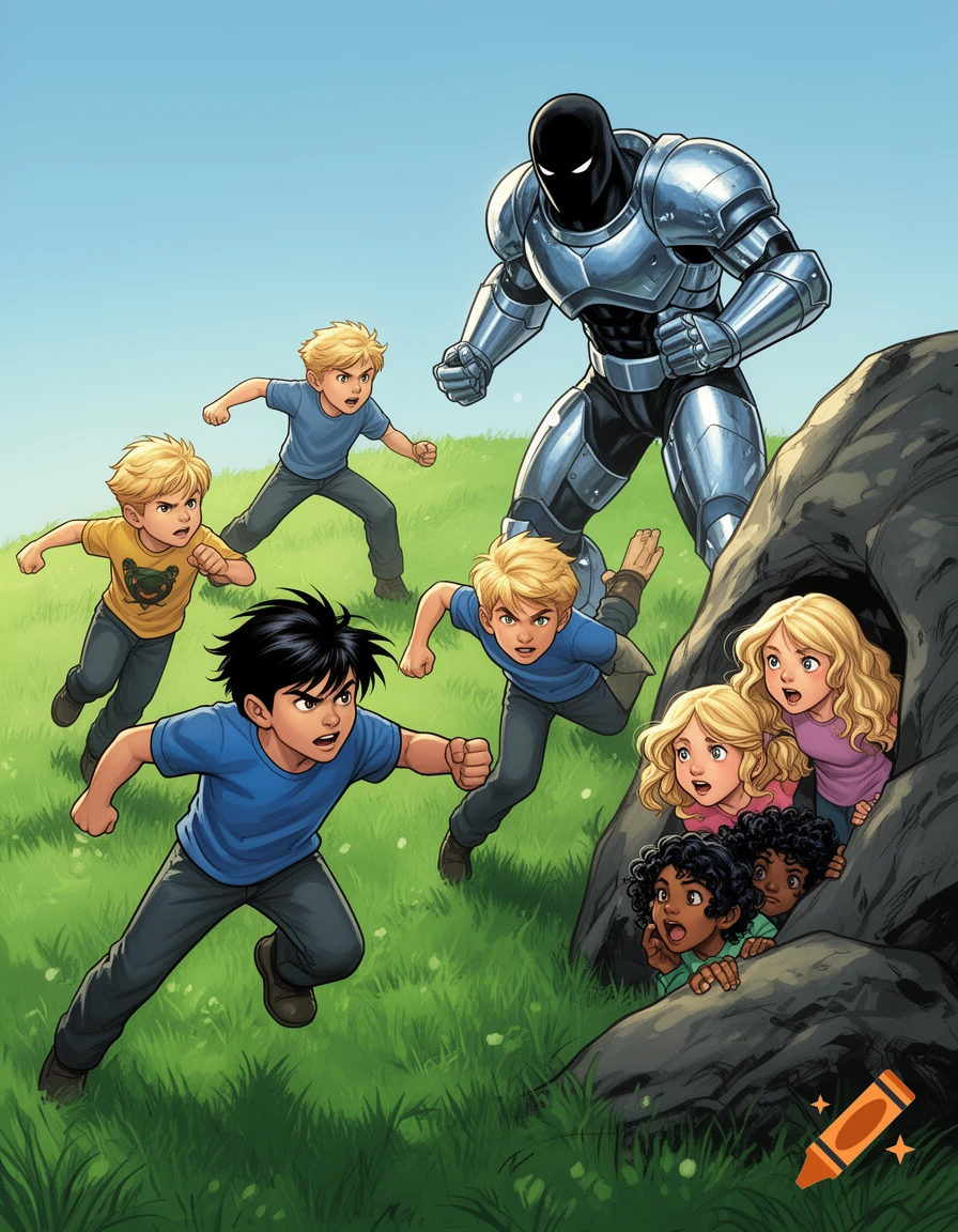 Comic art of several children reacting to a large black and silver robot in a grassy field. Some children run, while others hide behind a rock.