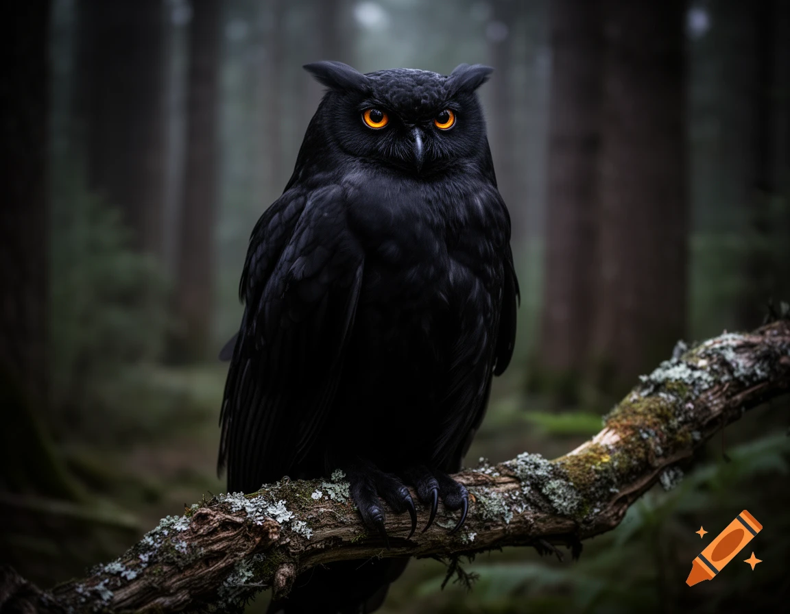 A photorealistic black owl with glowing orange eyes perches on a mossy branch in a dark, foggy forest.