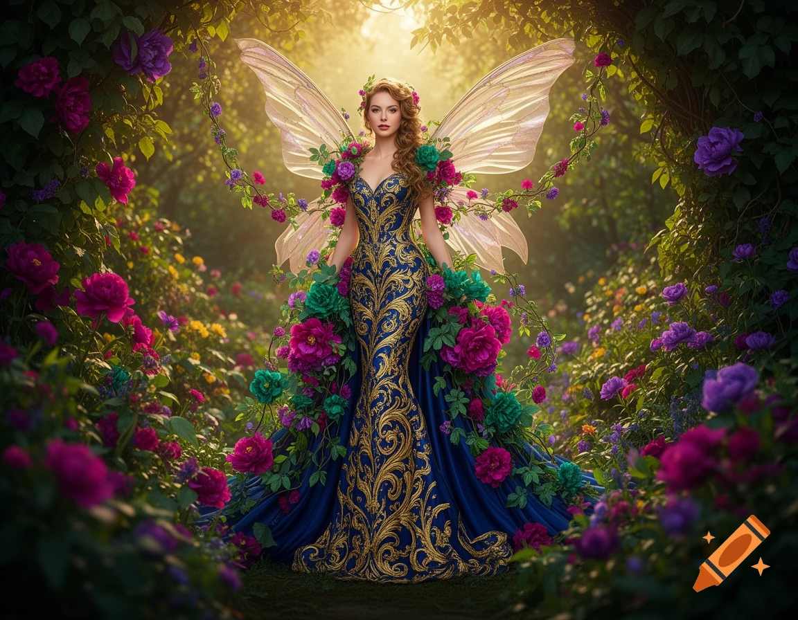 A beautiful fairy in an elaborate blue and gold gown with translucent wings stands amidst a lush, sunlit garden of vibrant flowers.