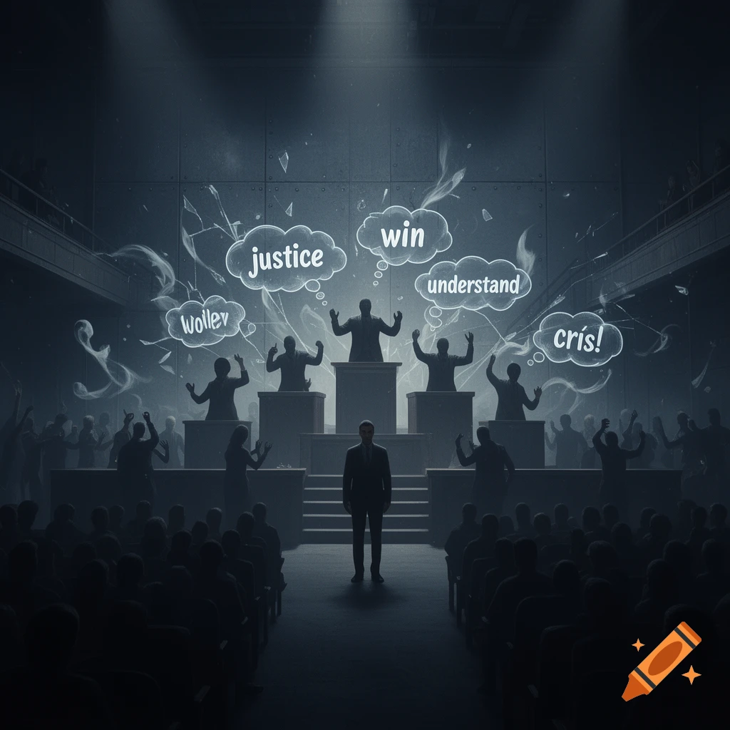 A stylized, dark image of an audience in a hall, with a lone figure standing center. Silhouetted speakers on platforms have thought bubbles with words like 'justice,' 'win,' 'understand,' 'Wollev,' and 'cris!'