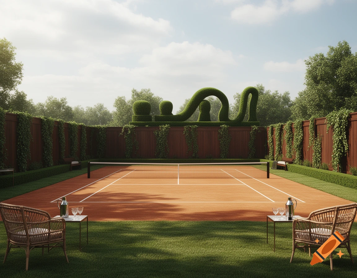 Photorealistic image of a clay tennis court surrounded by manicured lawns, wooden fences with ivy, and abstractly sculpted green hedges. Two wicker chairs with a table are on the grass.